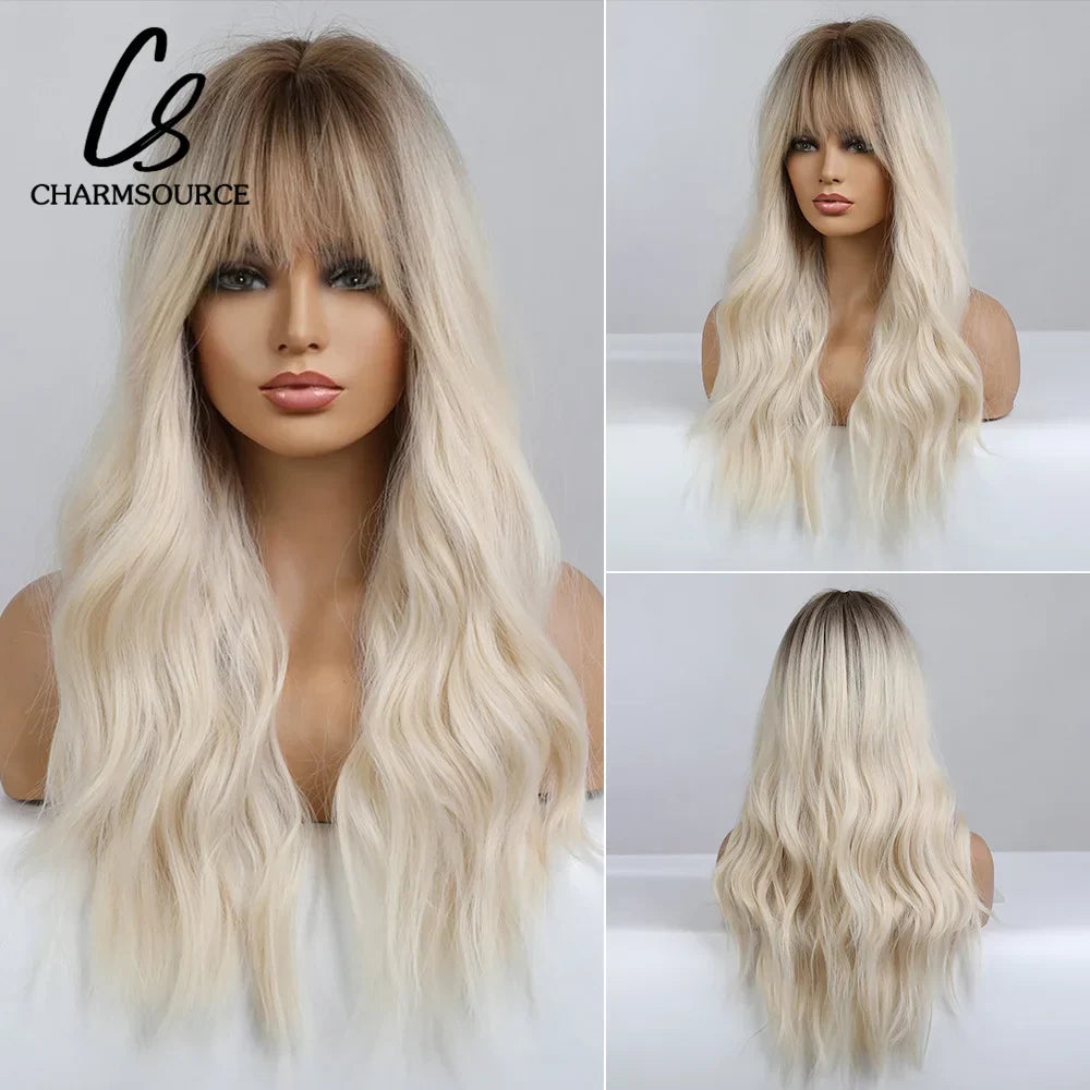 CharmSource Blonde Wavy Wig with Bangs Party Dresses