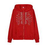 Y2K Rhinestone Skeleton Hoodies Women Gothic Black Zip