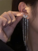 Fashion Sparkling Long Tassel Crystal Stars Ear Clip