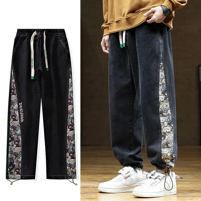 Spring Autumn Men's Straight Jeans Fashion Bear Patchwork