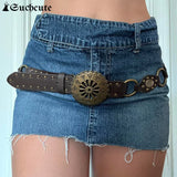 SUCHCUTE Sunflower Buckle Boho Vintage Rivet Brown Belts