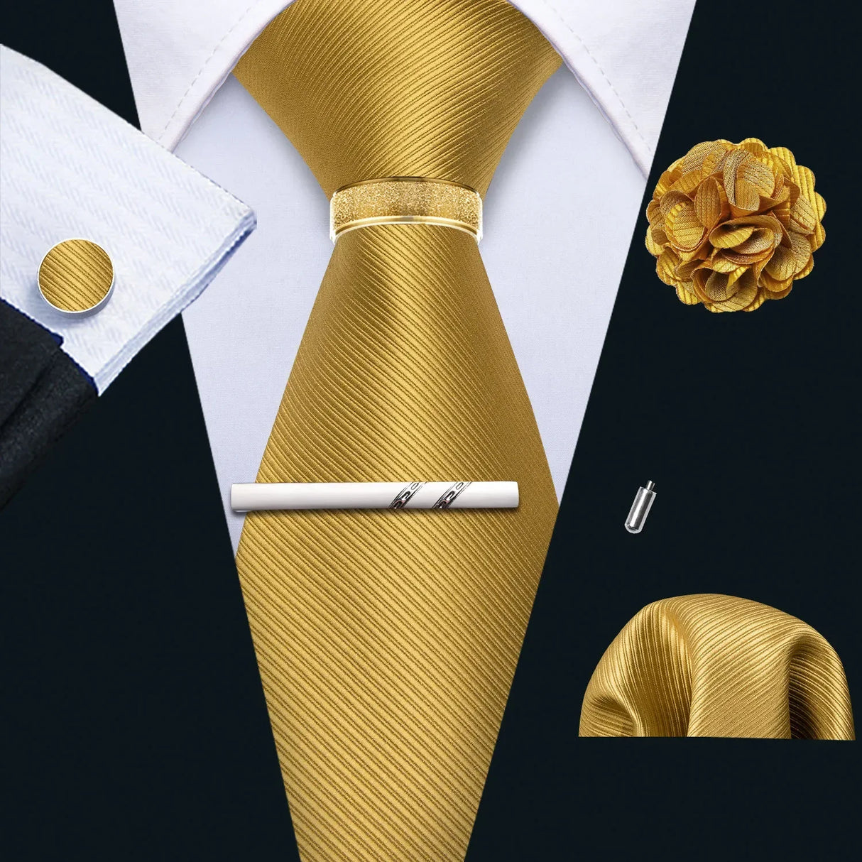 Barry.Wang Silk Mens Tie Hanky Cufflinks Clip Brooch