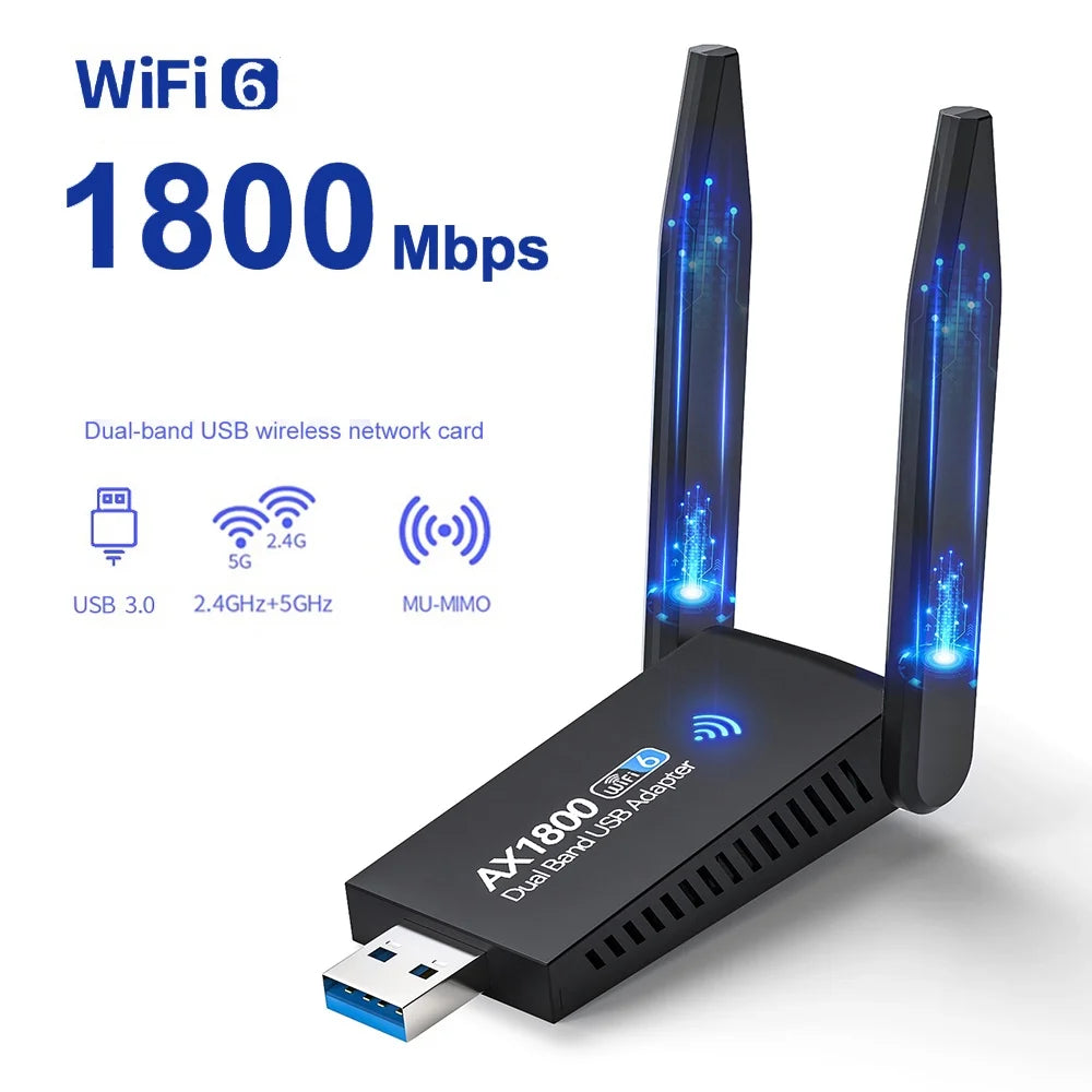 1800M USB WIFI 6 Adapter Dual Antenna 1300M