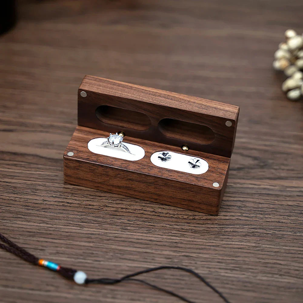 Walnut Wooden Ring Box diamond Pendant Neckl ace