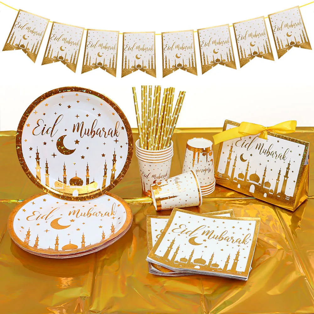 Gold Eid Mubarak Disposable Tableware Star Moon Gilded