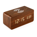 Voice Control Wooden Digital Alarm Clock Wireless Charging