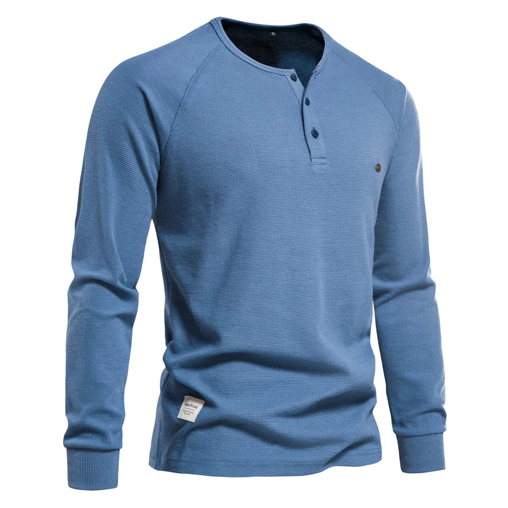 AIOPESON Waffle Henley T-Shirt Men Long Sleeve Basic