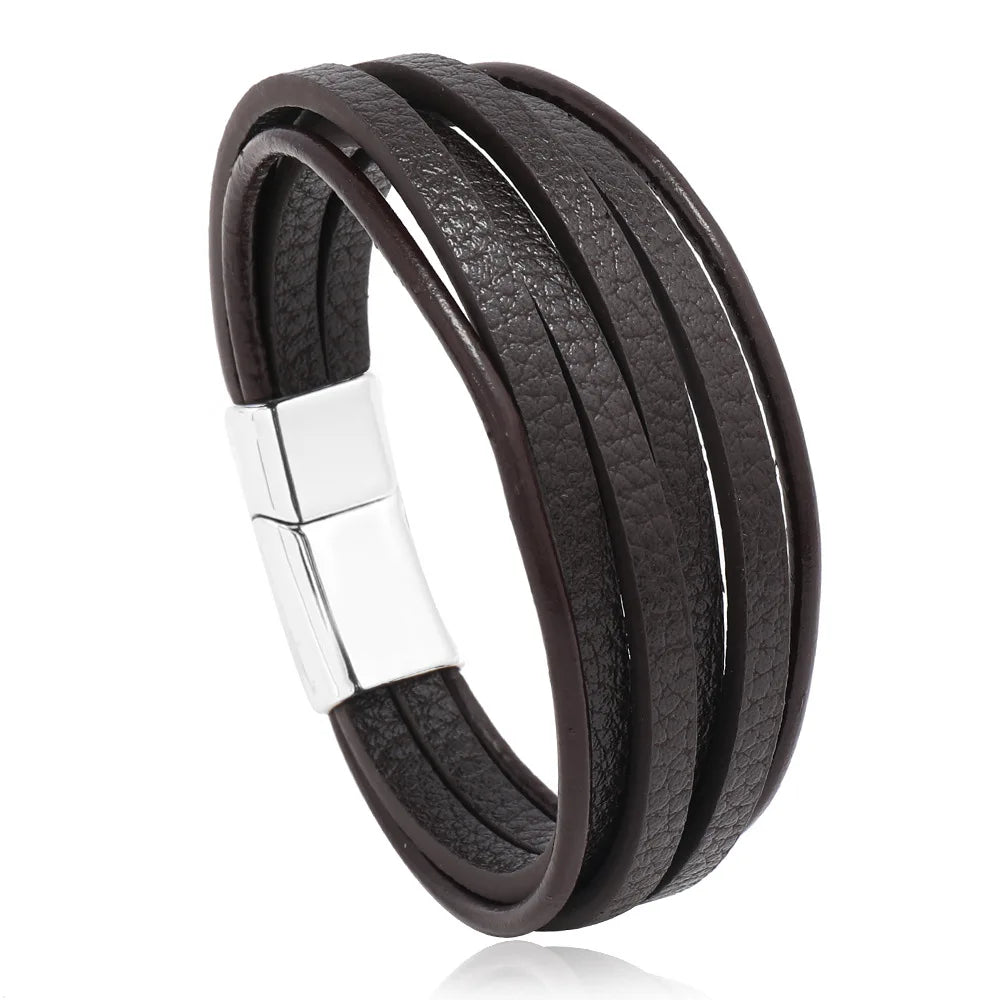 Trendy Leather Bracelets Men Stainless Steel Multilayer Braided