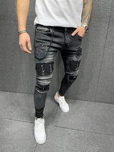 White Embroidery Jeans Men Cotton Stretchy Ripped Skinny