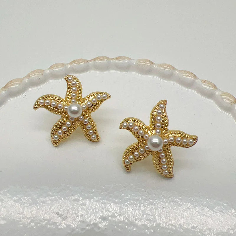 Classic Vintage Pearl Star Metal Starfish Earrings For