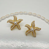 Classic Vintage Pearl Star Metal Starfish Earrings For