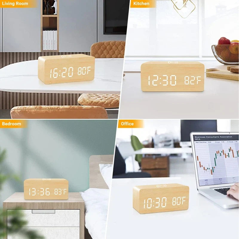 Voice Control Wooden Digital Alarm Clock Wireless Charging