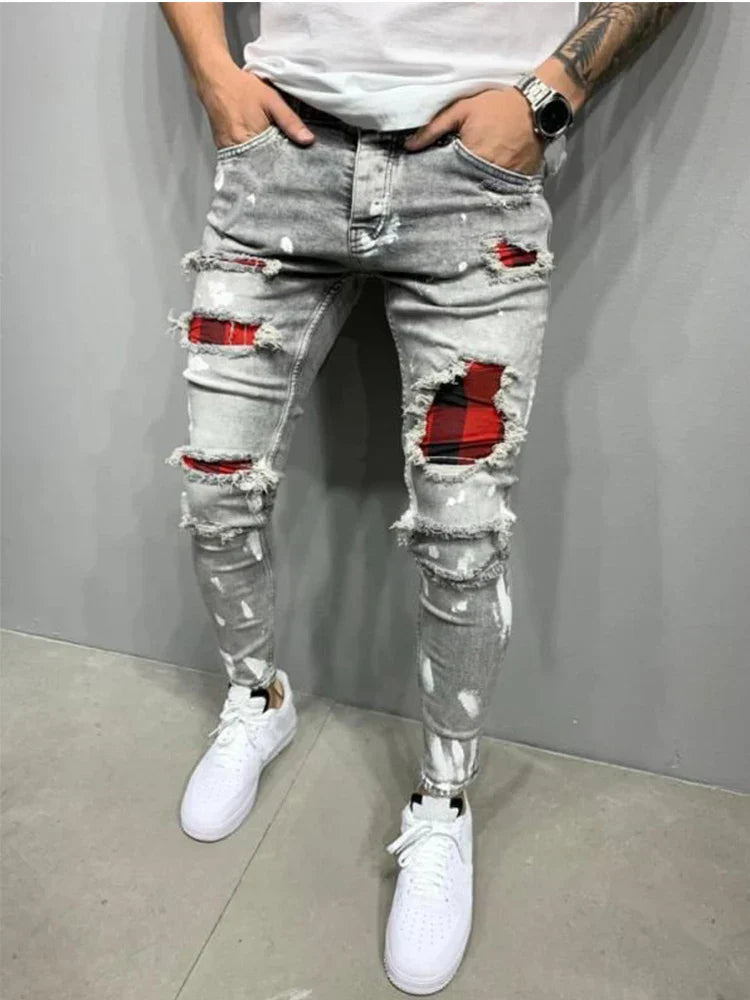 Distress Plaid Patch Holes Streetwear Ripped Skinny Jeans