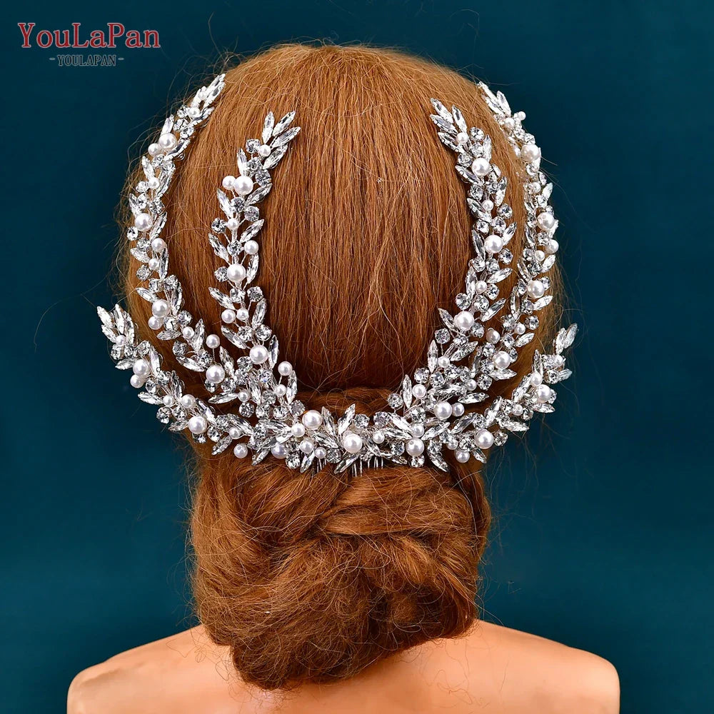 YouLaPan Rhinestone Pearl Headpiece with Comb Bridal Headwear