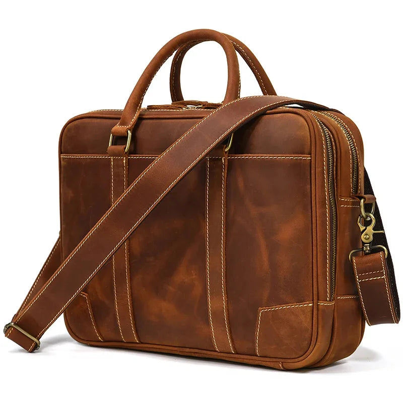 Men Leather Briefcase Bag 14" Computer Laptop s Thick Cow Skin Business Vintage Style Male Daily Working Totes