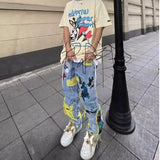 Washed Destroyed Pleated Chinese Painting Embroidered Patch Denim