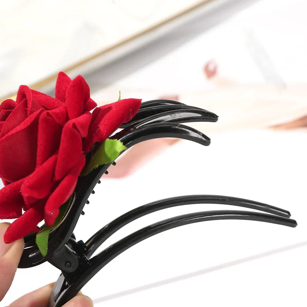 AWAYTR Flower Red Rose Claw Clip Girl Women