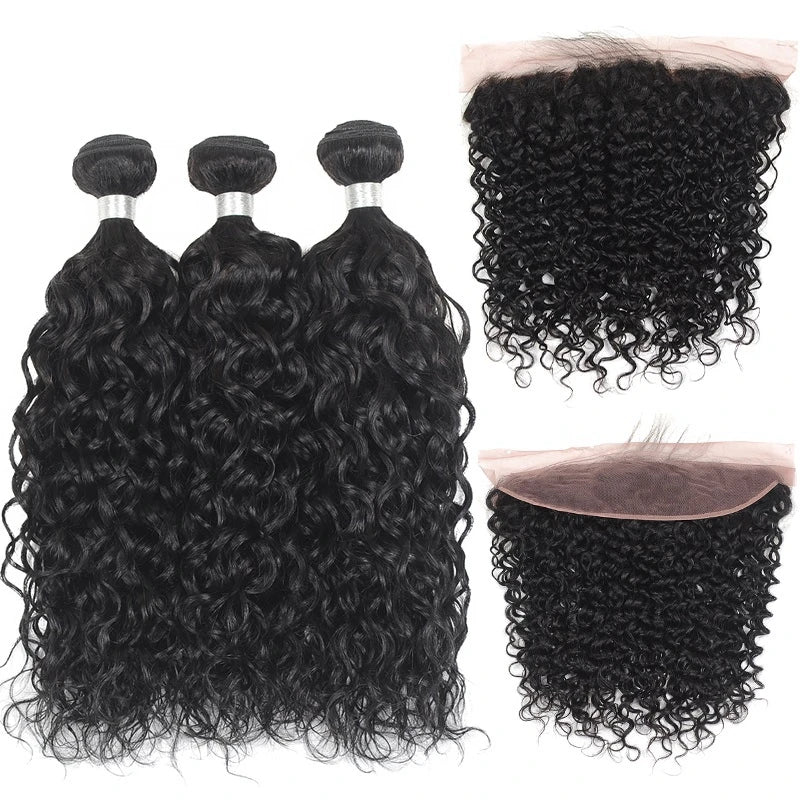 Elfriede Natural Black Water Wave Bundles with Frontal