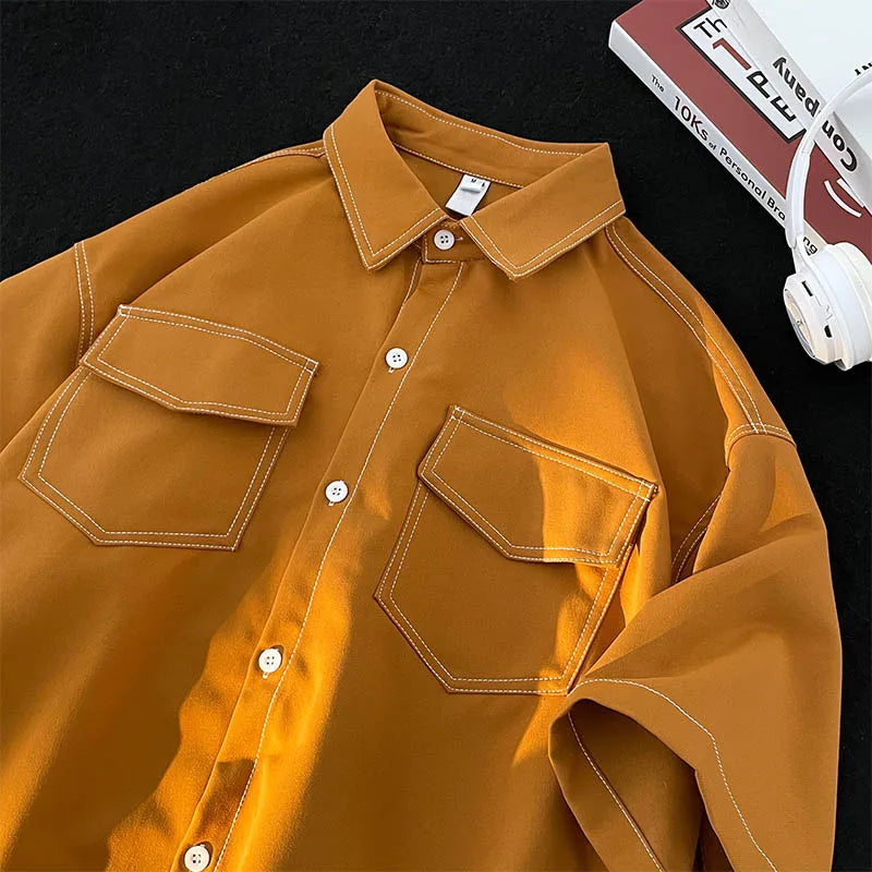 Cargo Shirts Men Designer Clothes Japanese Stylish Teens Handsome Рубашки Fashion Leisure Summer Harajuku All-match Preppy Cool