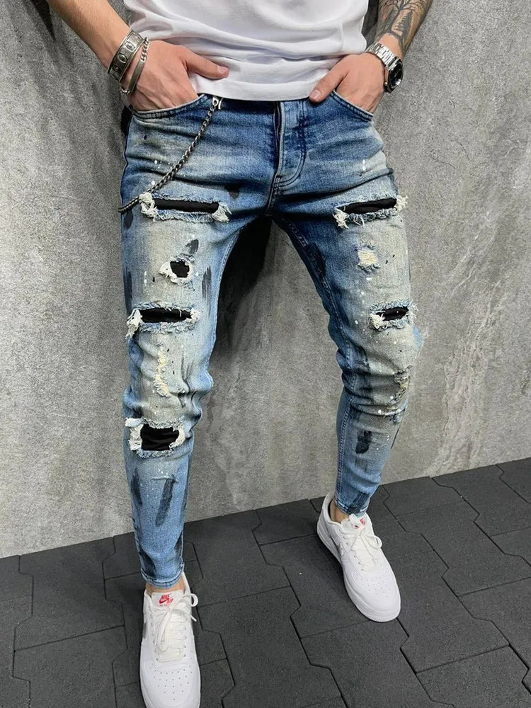 Men Jeans Knee Hole Ripped Stretch Skinny Denim