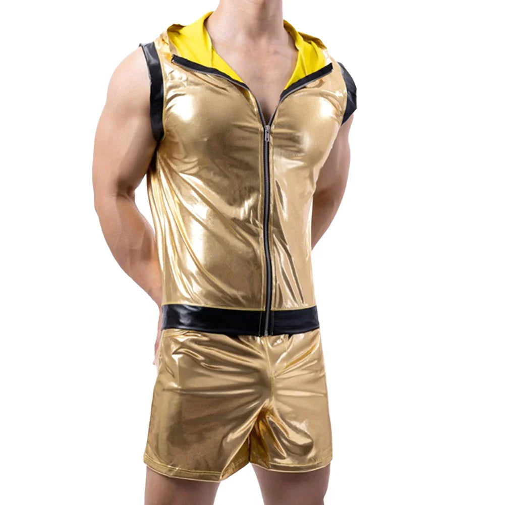 Mens Gold Shiny Tight Leather Tank Tops Boxer