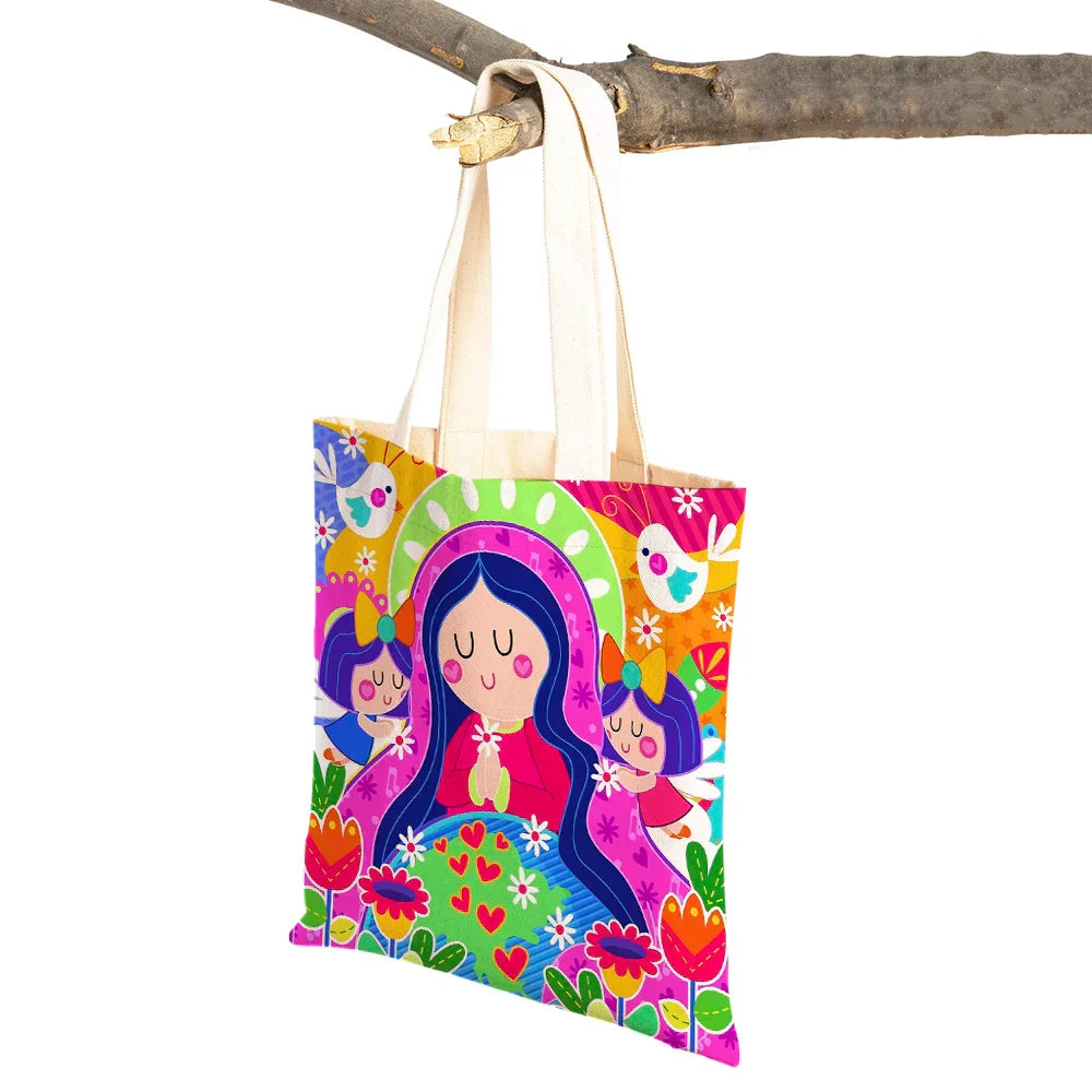 Ladies Shopping Bag Cartoon Virgin Mary Series Handbag Foldable Reusable Cloth Shopper Harajuku Style Student Canvas Tote