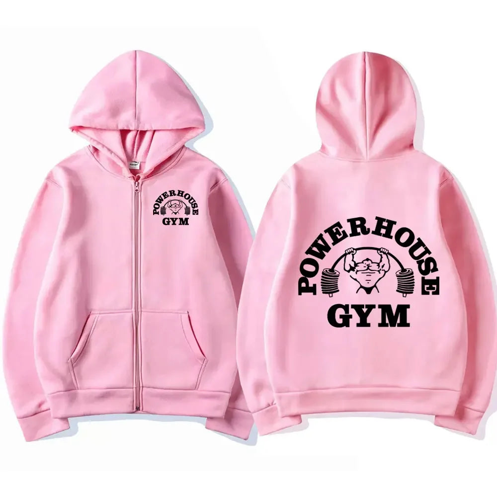 Powerhouse Gym Logo Zip Up Hoodie Harajuku Men's