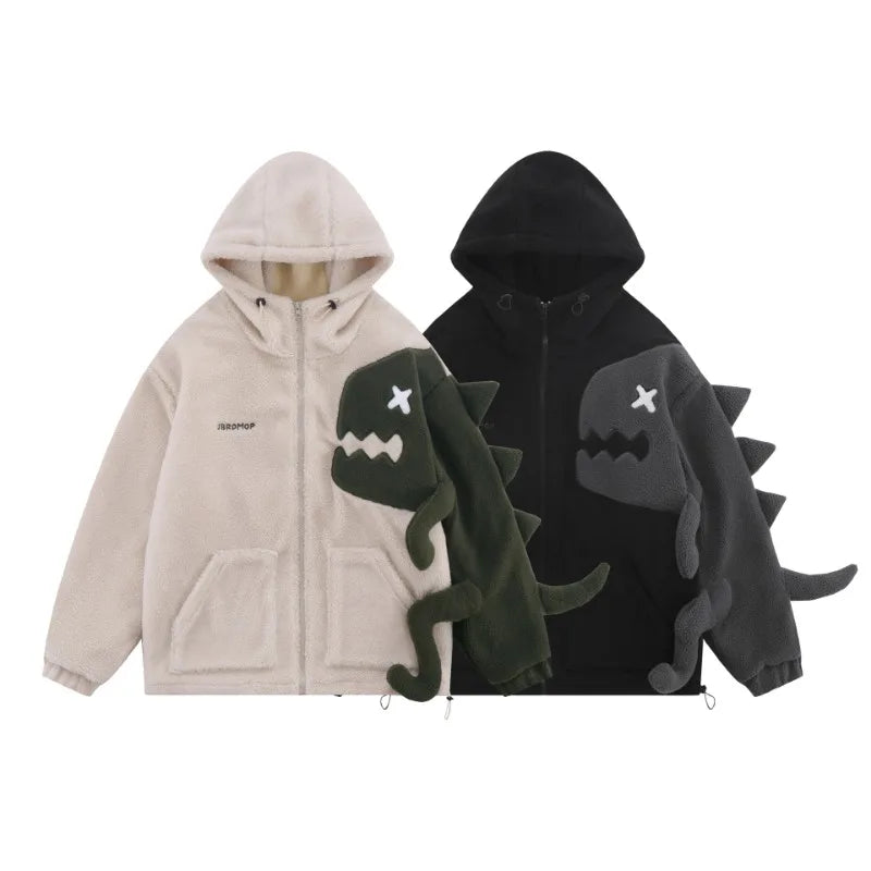 Men Hooded Fleece Lambswool Parkas Jacket Vintage Dinosaur