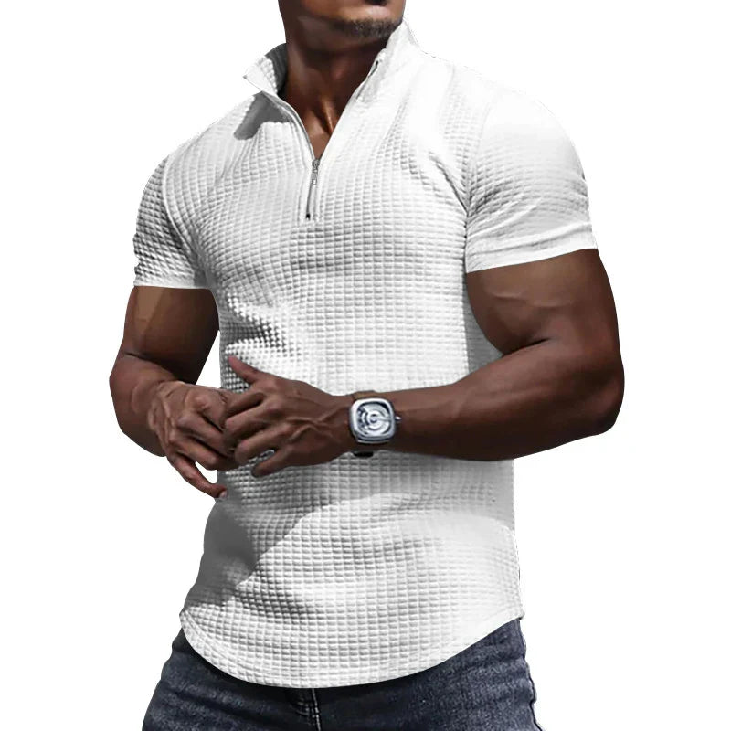 Fashion Waffle Plaid Stand Collar Polo Shirt Men