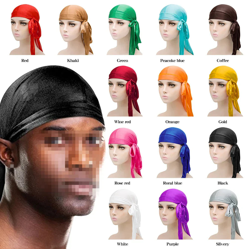 Unisex Silky Satin Durags Bandanas Turban Hat Elastic