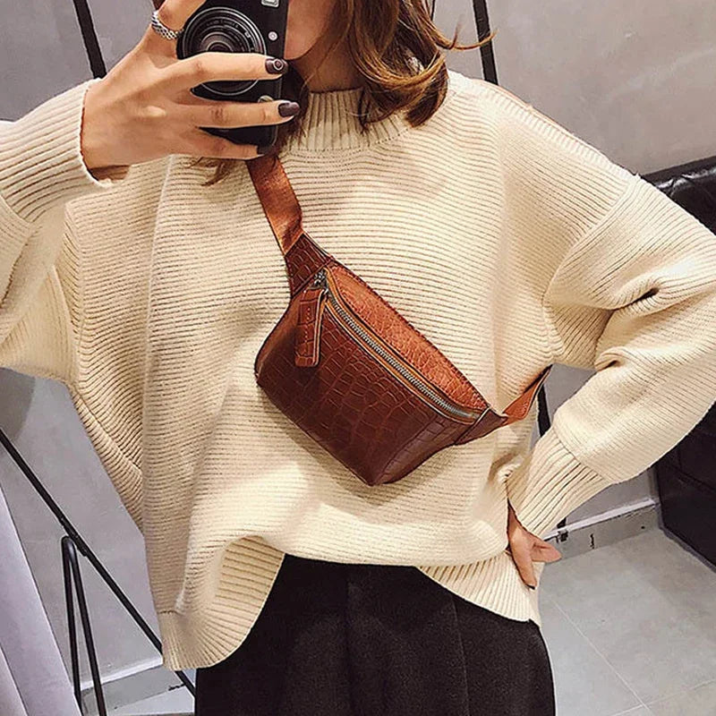 Women's Waist Bag Leather Fanny Pack Zipper Crocodile