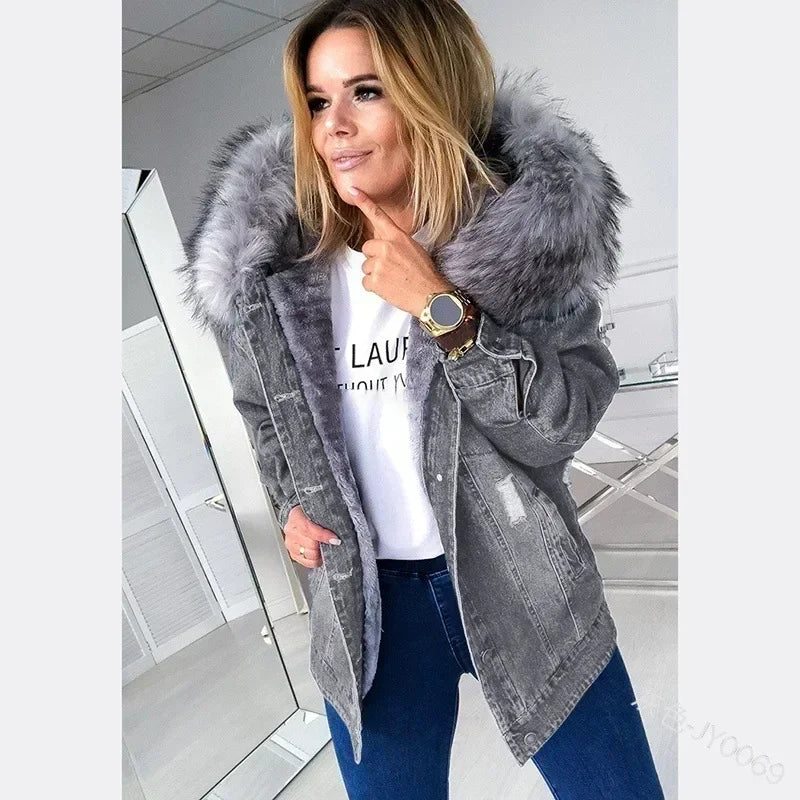 New 2024 Fashion Hooded Big Fur Collar Denim