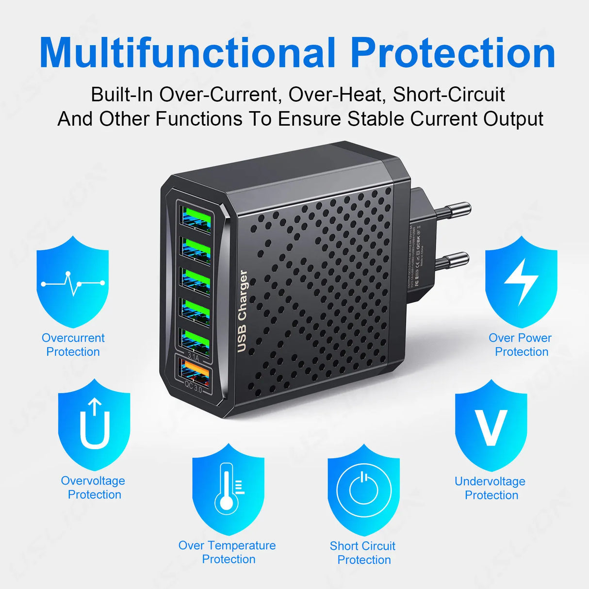USLION 6 In 1 USB Charger QC3.0 Fast