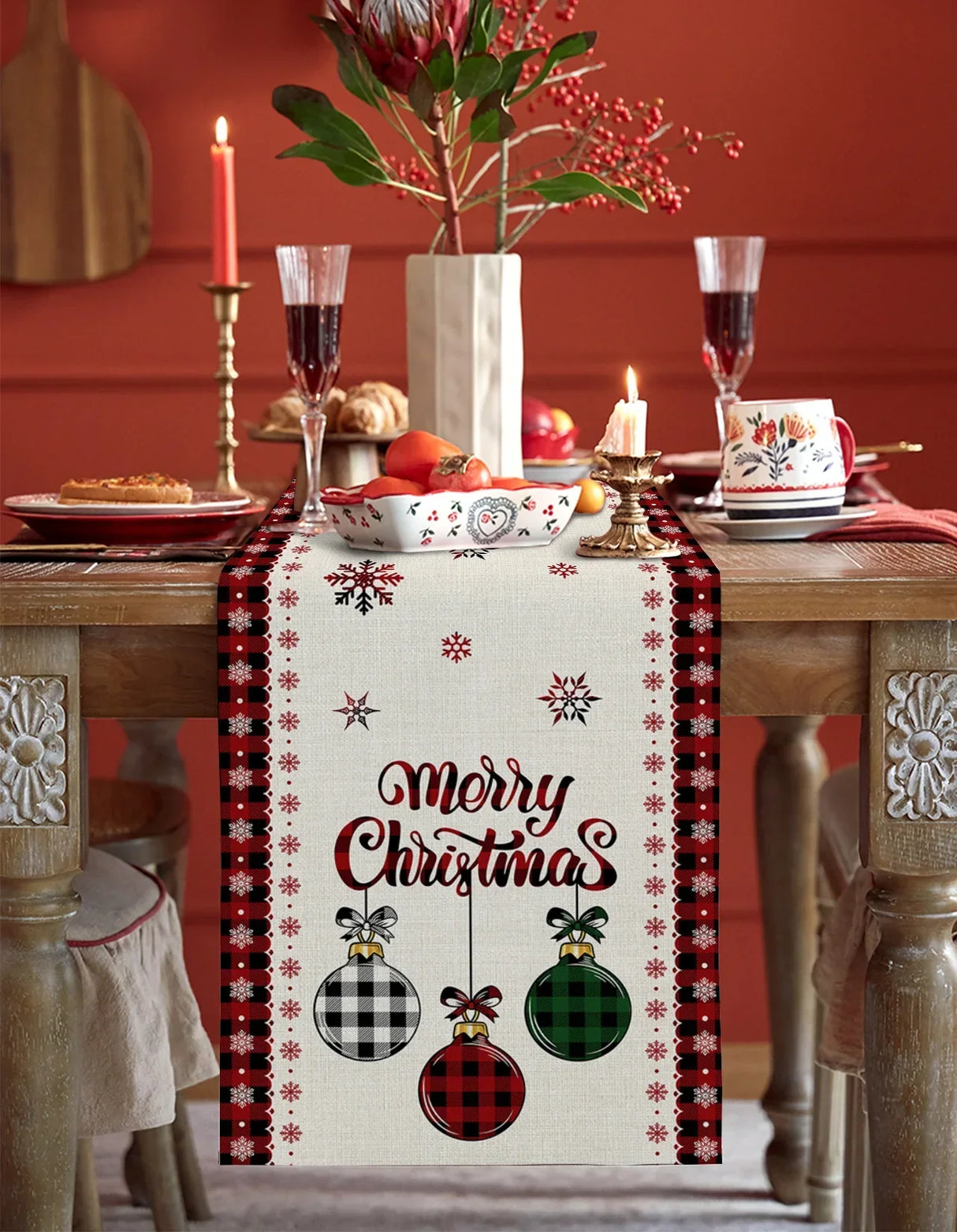 Merry Christmas Tree Ball Linen Table Runners Holiday