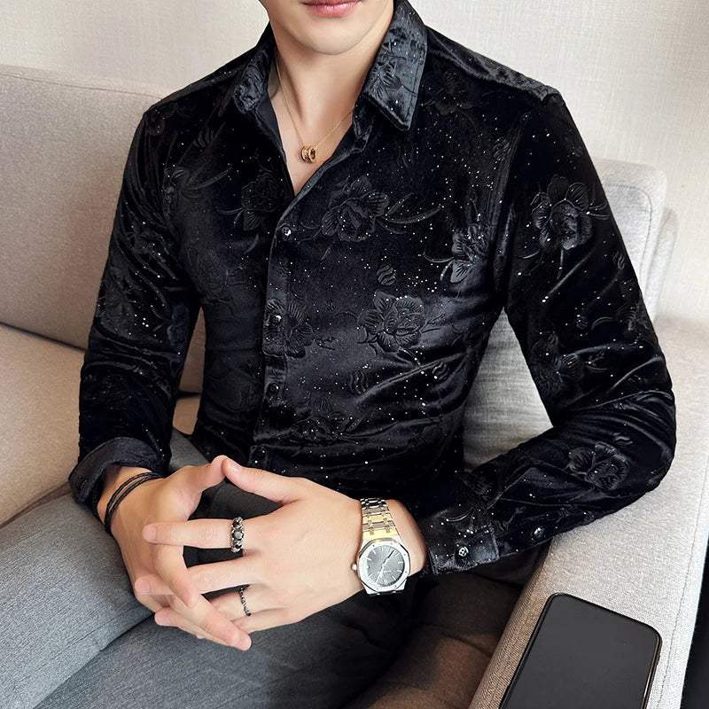 Men's Autumn Winter Velvet Flower Shirt New Luxury