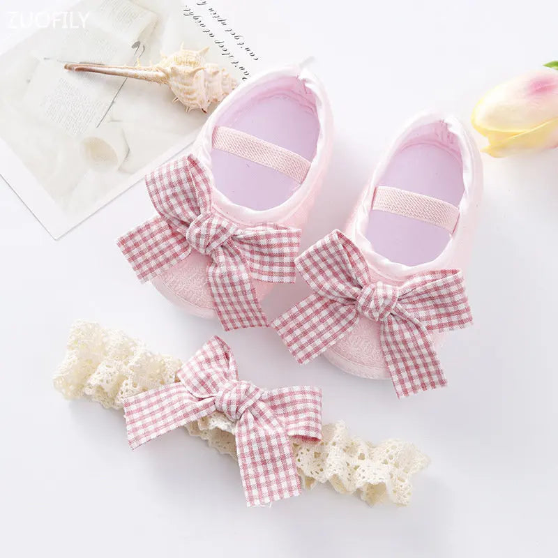 0~18M Cute Bowknot Newborn Baby Shoes Headband Set