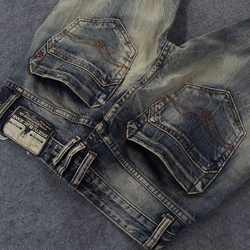 Newly Vintage Fashion Men Jeans Retro Washed Elastic