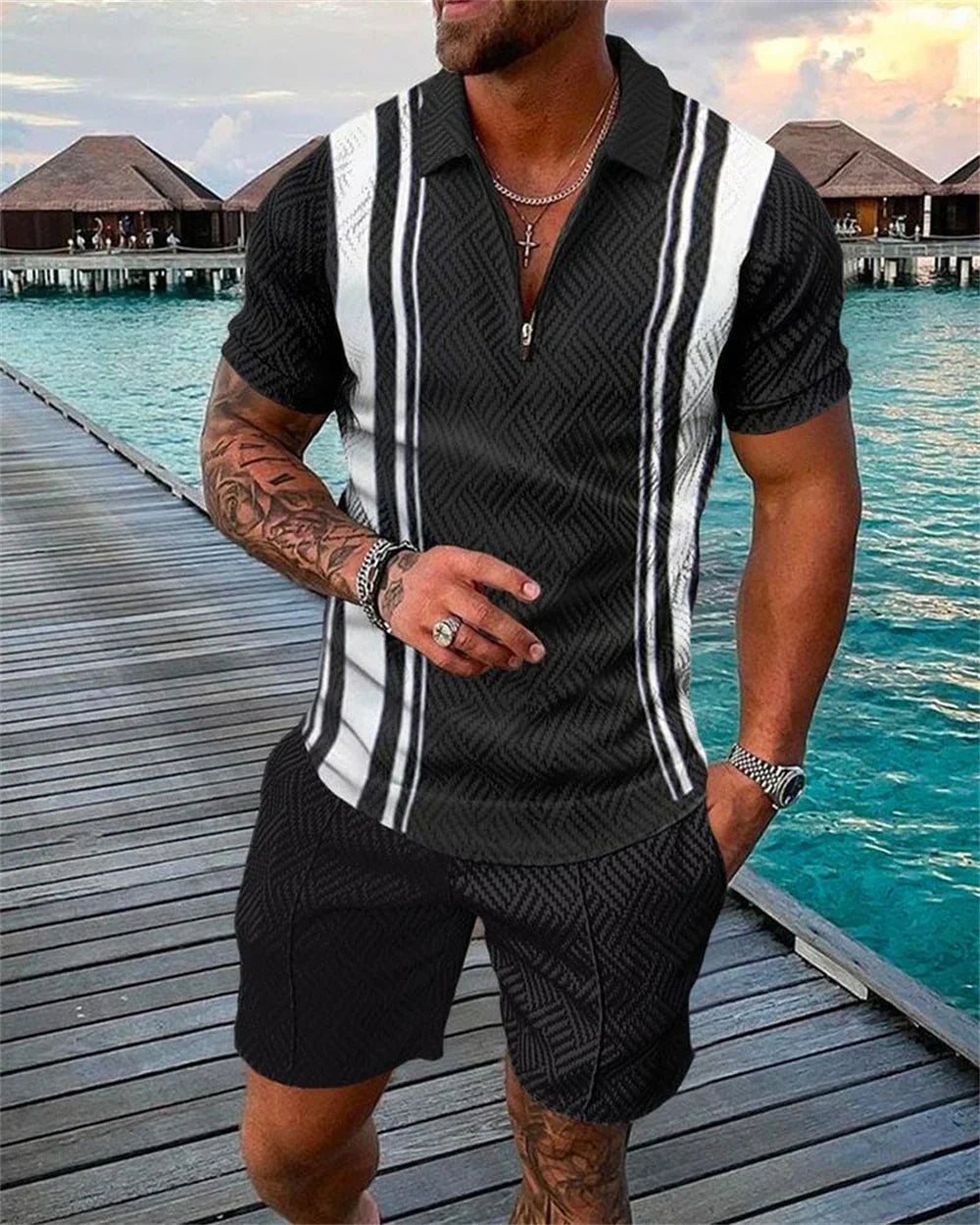 Men's Tracksuit Cotton Solid Color Short Sleeve Zipper