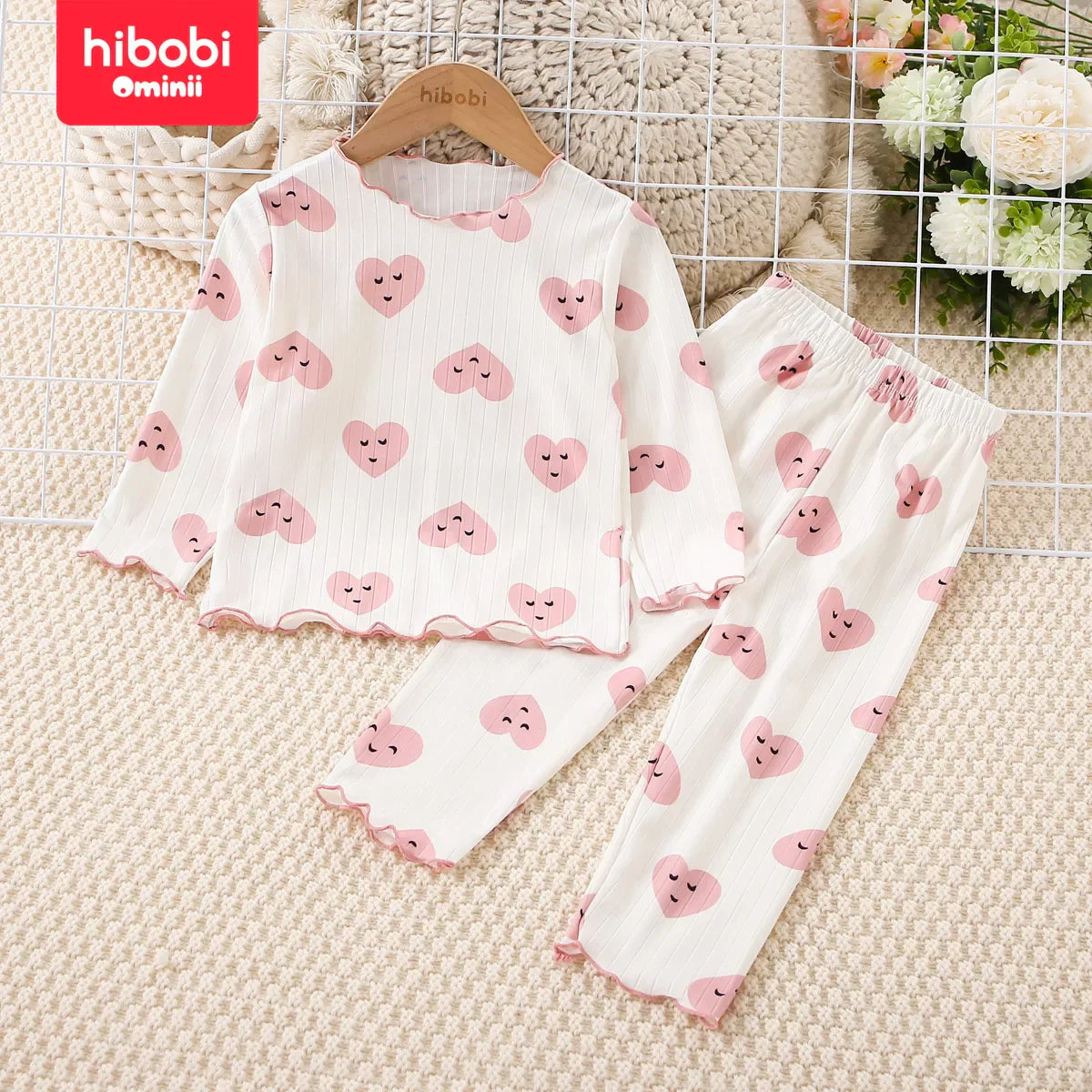 hibobi 2-Piece Girl Spring Allover Heart Printed Long