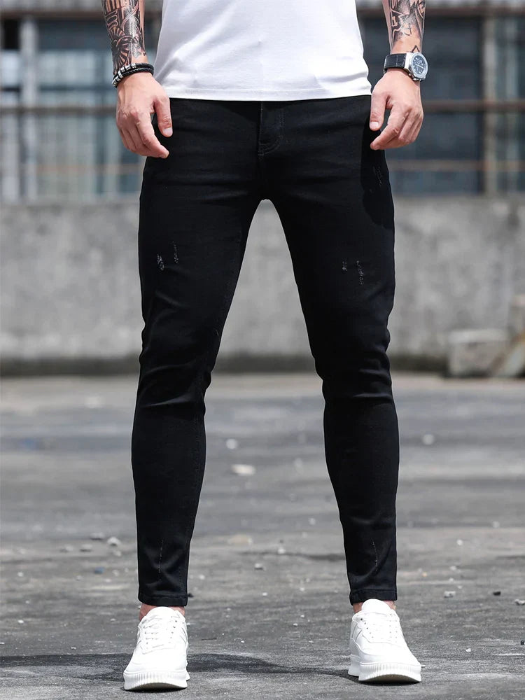 Streetwear Fashion Black Ripped Skinny Jeans Men Slim