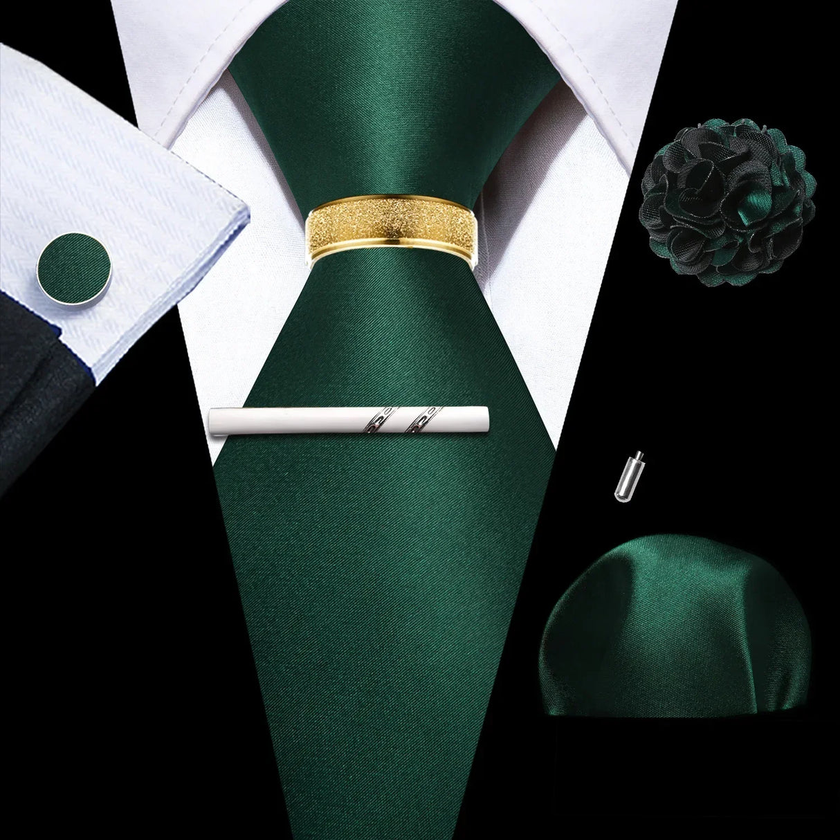 Barry.Wang Silk Mens Tie Hanky Cufflinks Clip Brooch