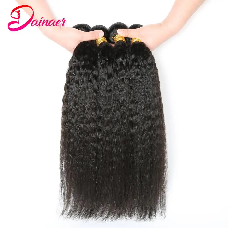 Brazilian Kinky Straight Human Hair Bundles Closure 4X4