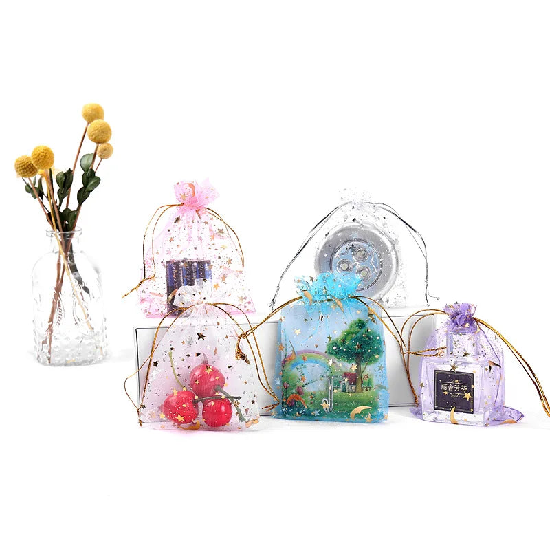 100pcs Moon Star Organza Drawstring Gift Bags 7x9cm Jewelry Packaging Pouches