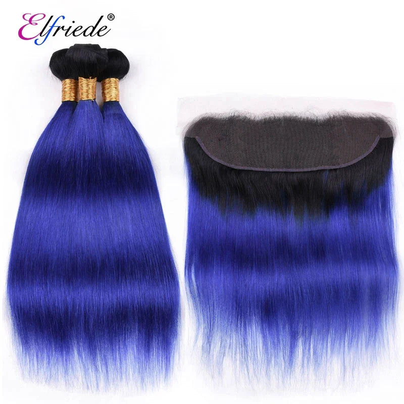 Elfriede 1BBlue Straight Ombre Colored Hair Bundles with