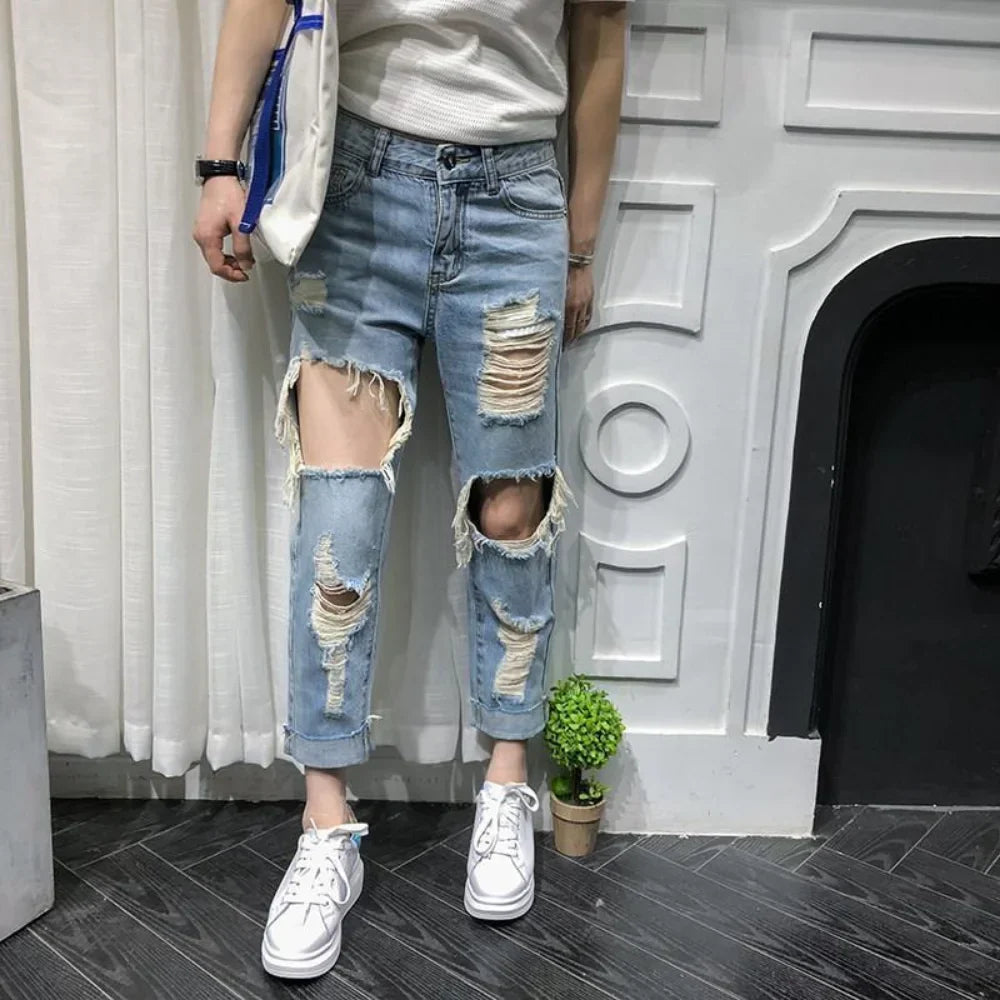 Men Jeans Knee Hole Ripped Stretch Skinny Denim