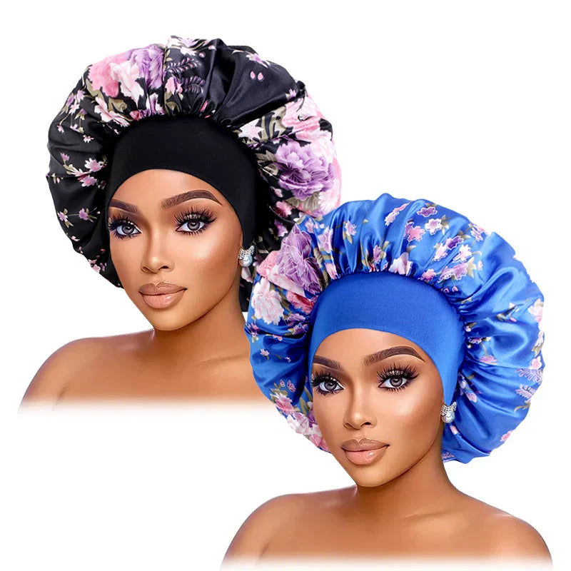 2PCS/LOT Large Satin Printed Wide-Brimmed Nightcap Elastic Head