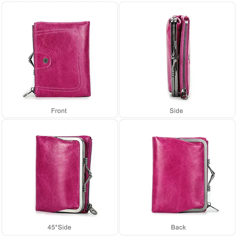 Contact'S Metal Frame Wallet Ladies Purse Women Cowhide Vintage Hasp and Zipper Red Small Purses for Woman ID Cards And Coin