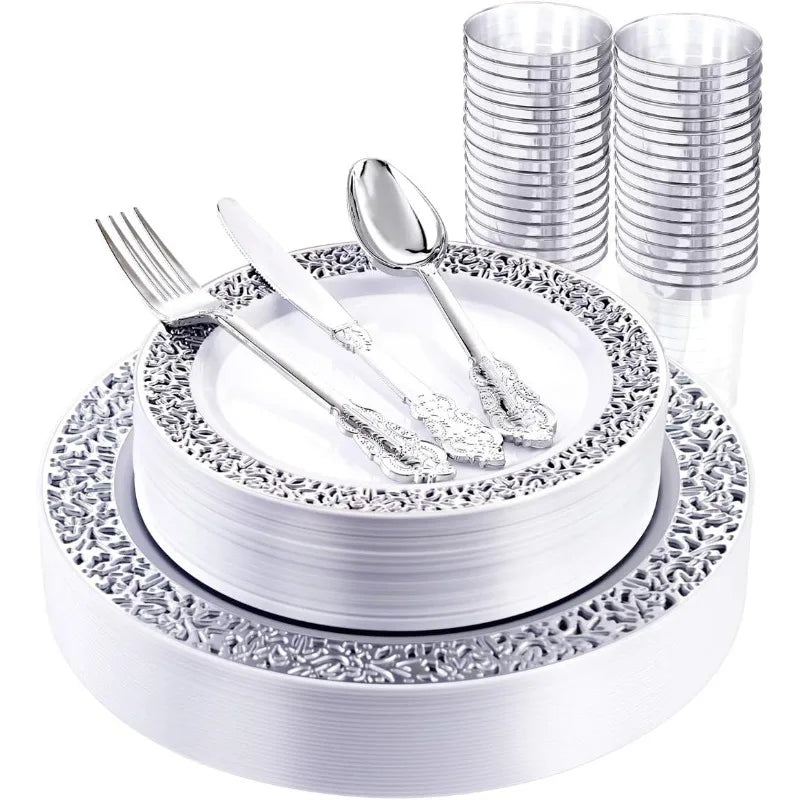 150PCS Silver Plastic Plates, Disposable Silverware & Plastic