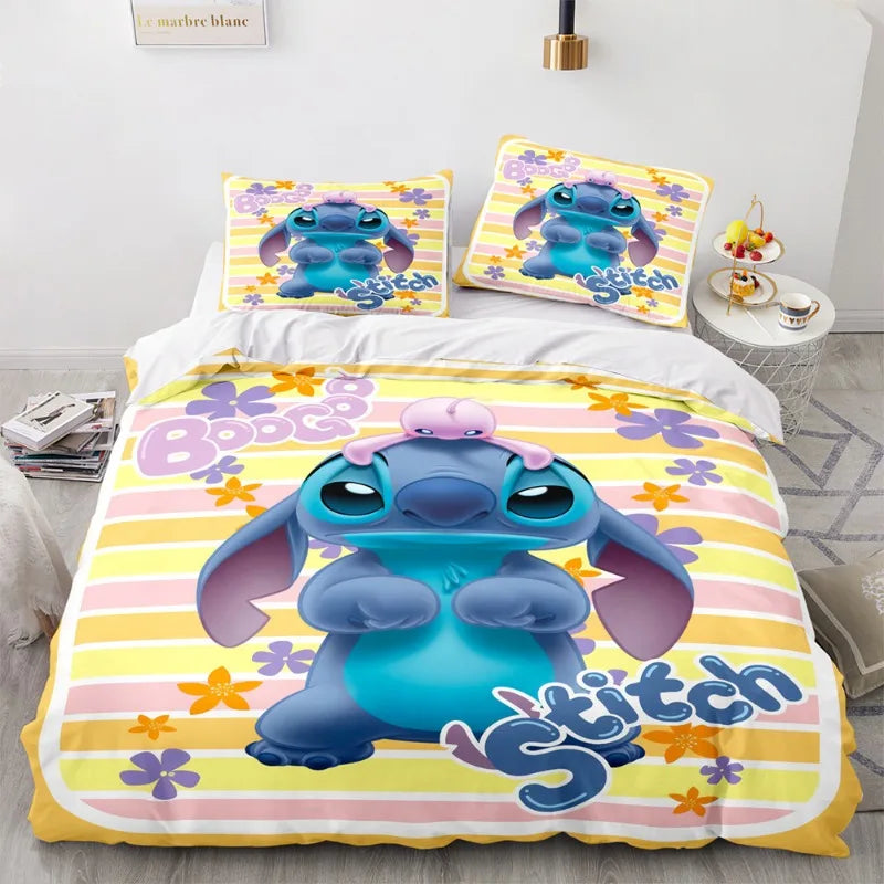 Disney Stitch Cartoon 3D Printed Bed Sheets Three-piece