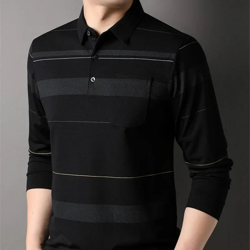 Streetwear Fashion Men Long Sleeve Striped Polo Shirts